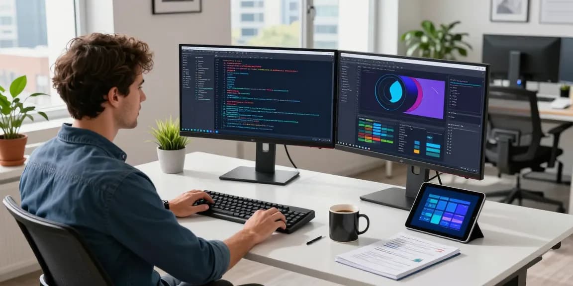 快连 in a high-tech workspace showing a developer coding with vibrant monitors and a modern office setup