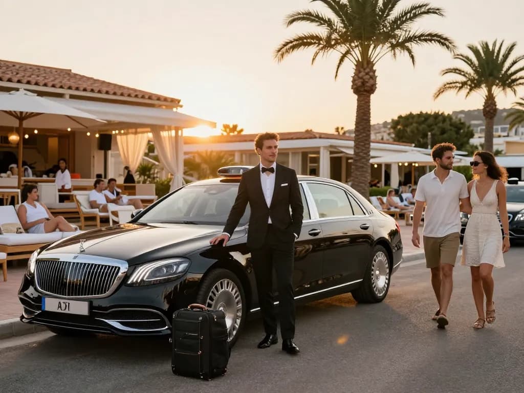 Service de taxi Saint Tropez avec un conducteur élégant et une berline haut de gamme dans un club de plage au coucher du soleil.