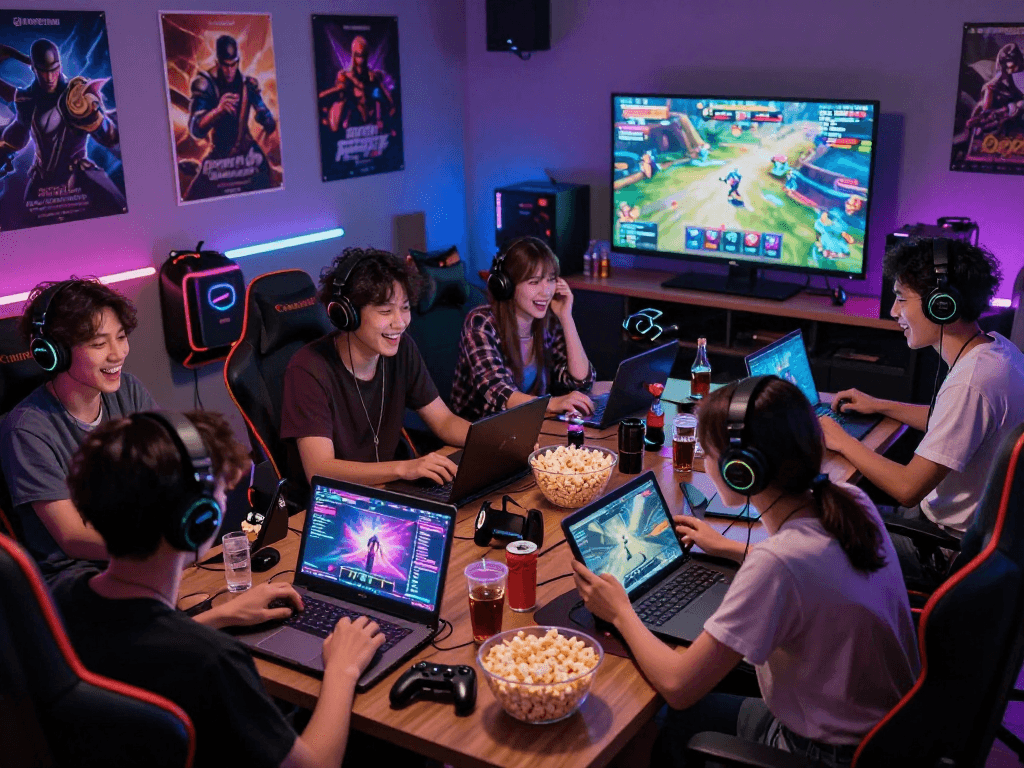 Friends enjoying various porn games html in a lively gaming room.