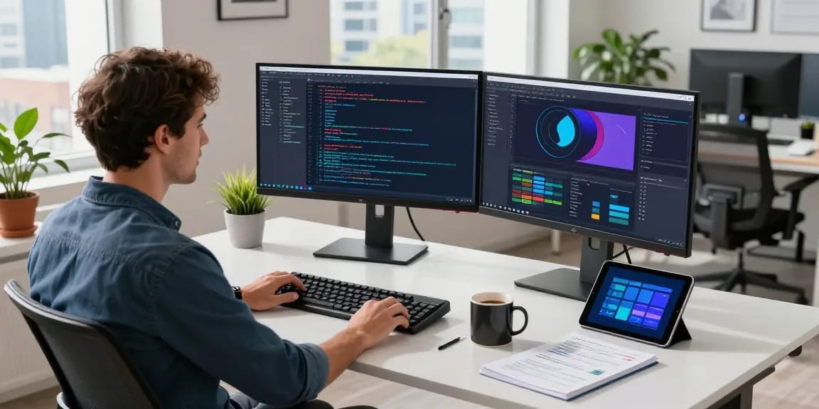 快连 in a high-tech workspace showing a developer coding with vibrant monitors and a modern office setup