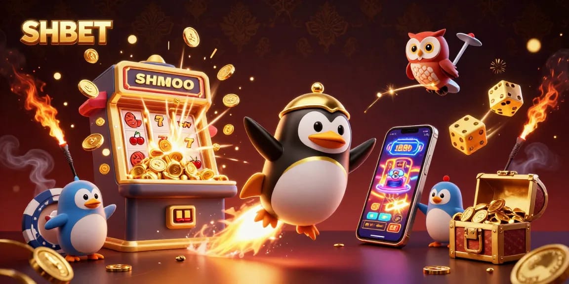 Experience the thrill of SHBET's casino action with golden penguin, jackpot, and slot machines.