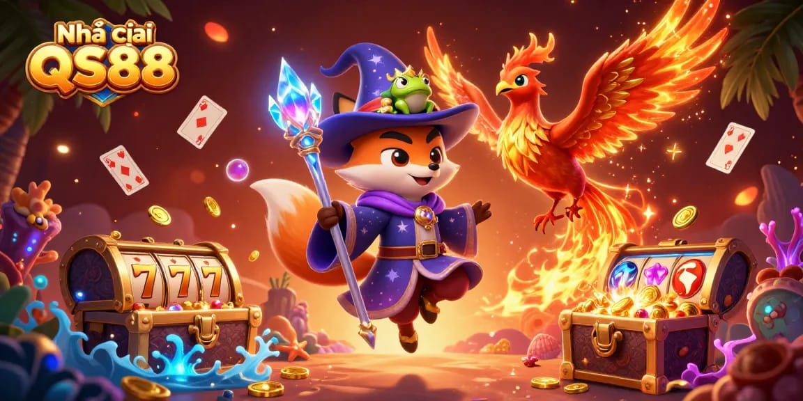 Engage with the magical features of Nhà cái QS88, showcasing thrilling 3D casino elements and vibrant characters.
