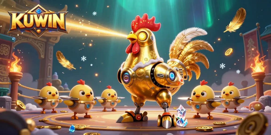 KUWIN’s golden rooster robot shooting lasers, surrounded by gold coins and vibrant casino elements.