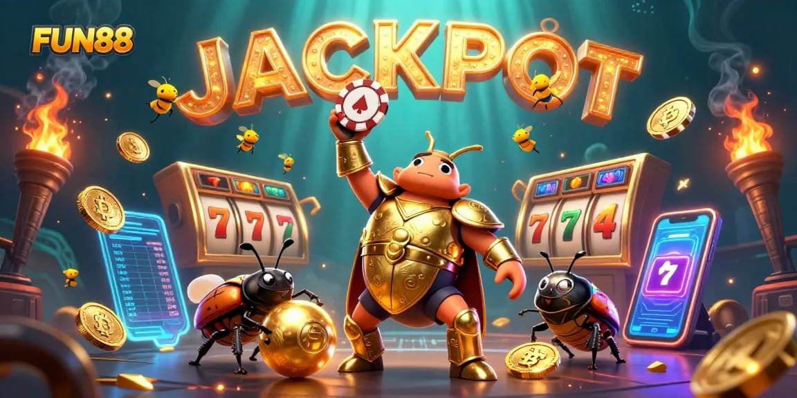 Experience a thrilling jackpot victory with FUN88 featuring dynamic 3D characters and vibrant casino elements.