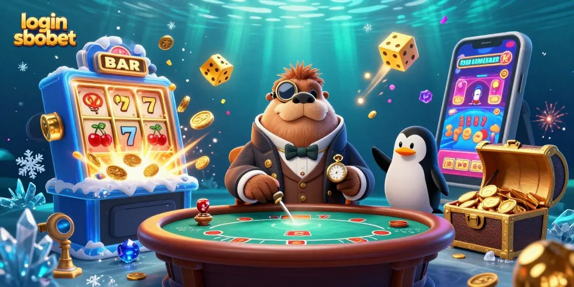 Win big with login sbobet in a dynamic underwater casino scene featuring cartoon characters.