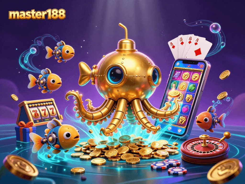 Engage with master188's thrilling atmosphere featuring a golden kraken and vibrant slot game action.