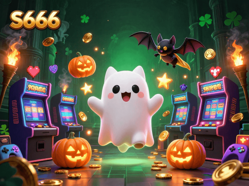 Win at S666 with a cartoon ghost cat in a lively haunted casino scene and glowing jackpot elements.