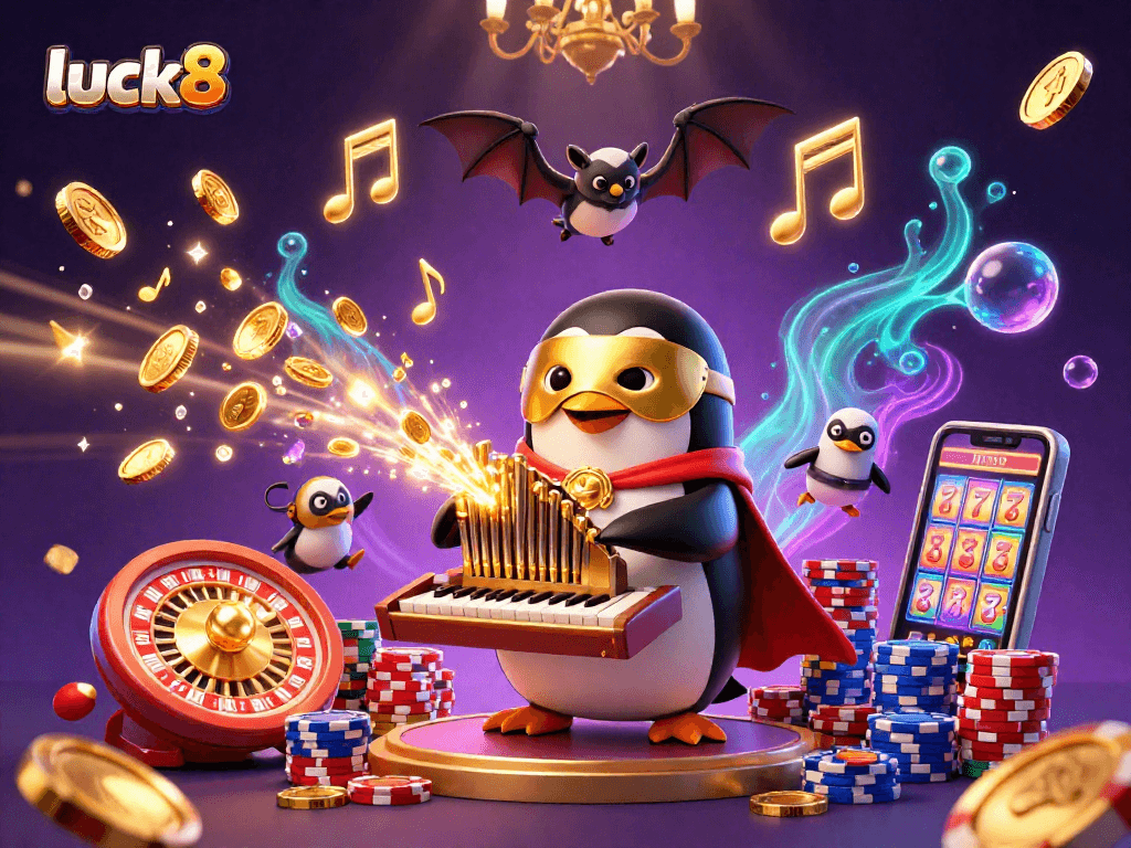 Play with luck8 as the phantom opera penguin brings a wealth of coins in a vibrant casino scene.
