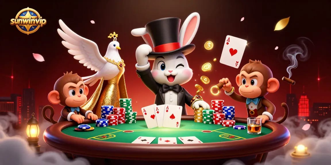 Experience sunwinvip's thrilling games with a magician rabbit, dove assistant, and a playful monkey at a dynamic poker scene.
