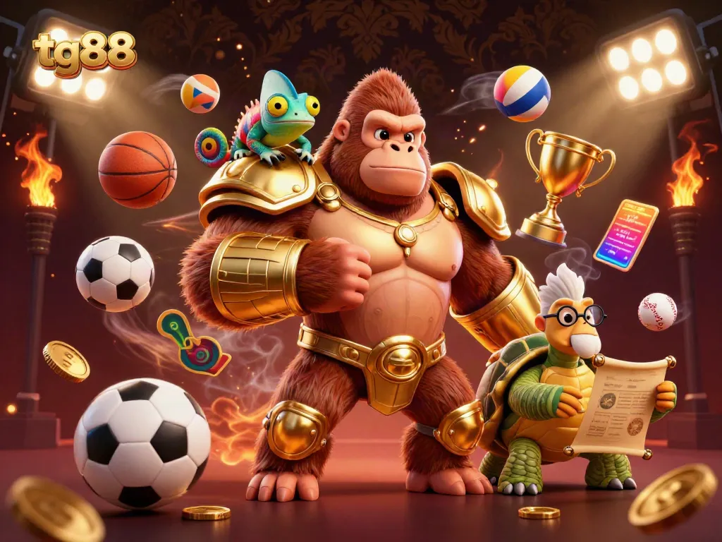 Engaging scene of tg88 characters with sports elements in a vibrant casino setting.