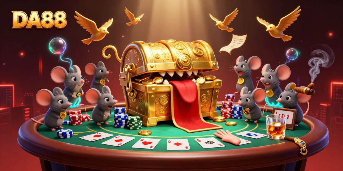 Engage in the excitement at DA88 with an illustration featuring a lively casino scene, showcasing vibrant poker elements.