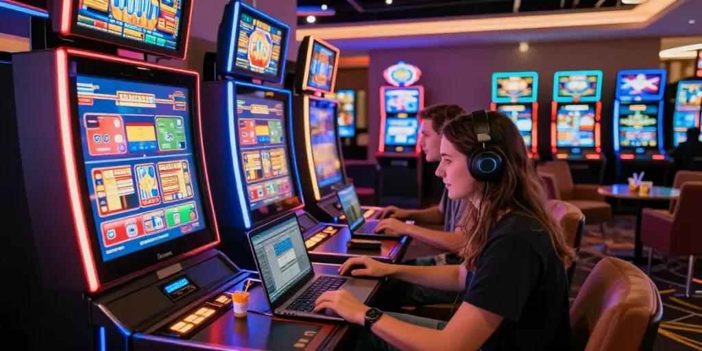 Enthusiastic players enjoying games at casinos that take credit cards with vibrant slot screens and modern decor.