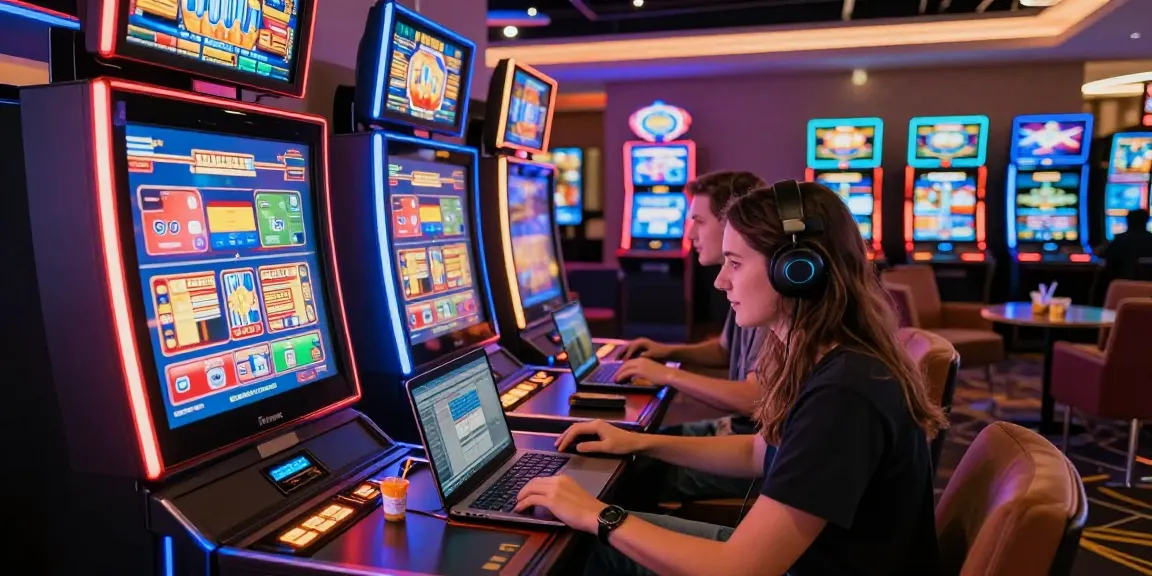 Enthusiastic players enjoying games at casinos that take credit cards with vibrant slot screens and modern decor.