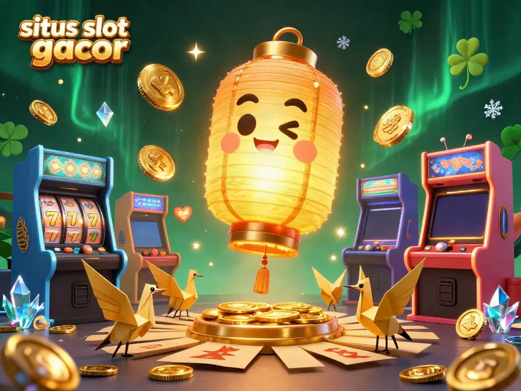 Engage with situs slot gacor through this vibrant 3D casino scene featuring golden lanterns and arcade games.
