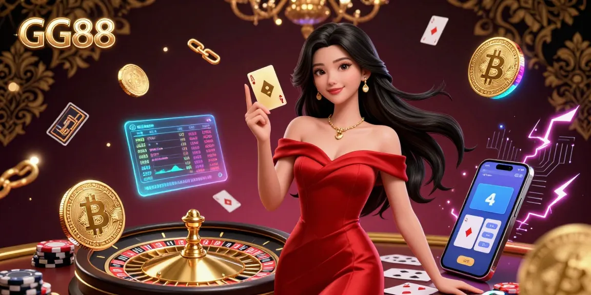 GG88 showcases a glamorous Asian woman beside a golden roulette wheel, embodying casino excitement.