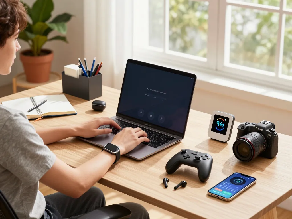 Explore innovative smart tech gadgets in a bright home office with a laptop and Bluetooth devices.