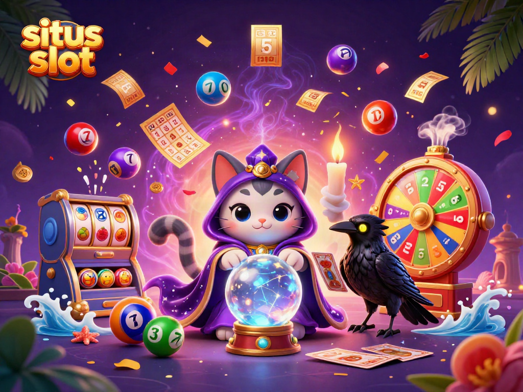 Win big at situs slot with vibrant visuals featuring slot reels, mystic characters, and exciting game elements.