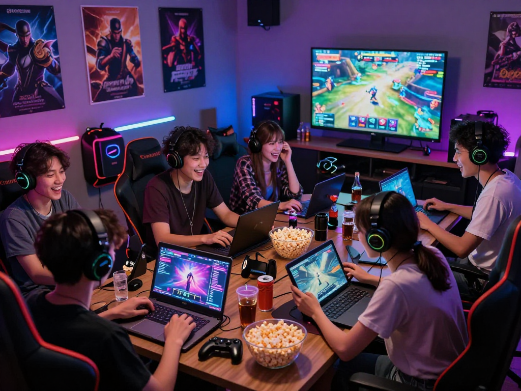 Friends enjoying various porn games html in a lively gaming room.