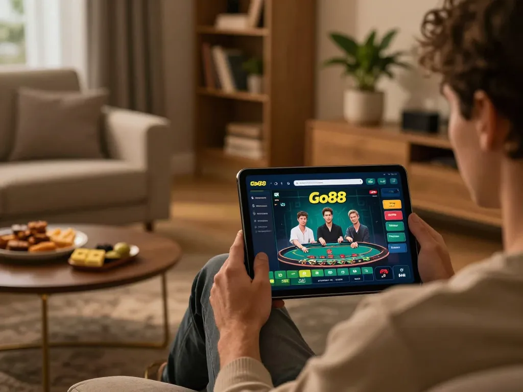 Engaged user playing live dealer blackjack on the Go88 casino app from home.