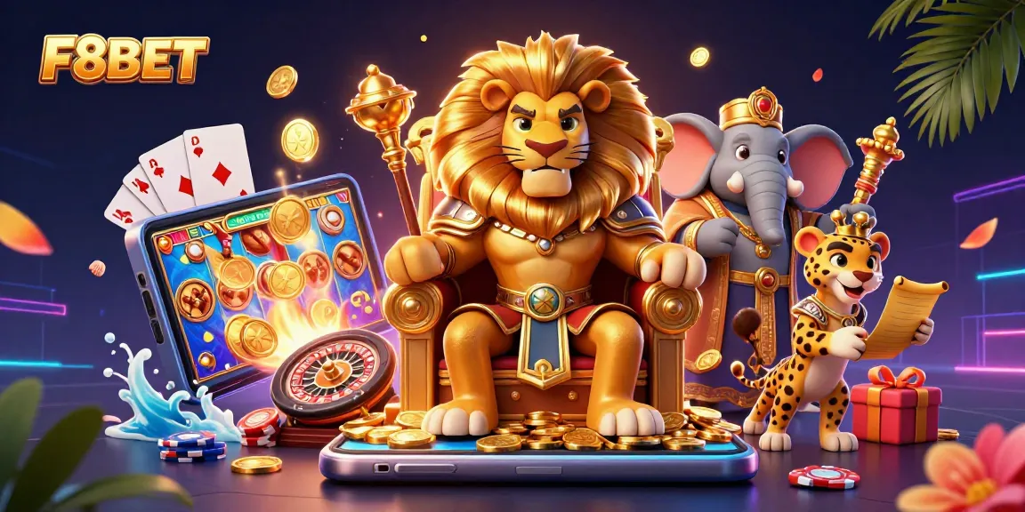 Experience thrilling gambling action with F8BET as majestic characters surround a vibrant casino scene.