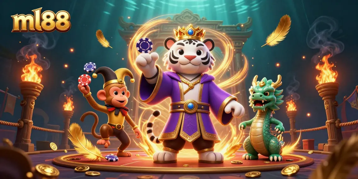 Experience thrilling action at ml88 with an elegant tiger, monkey juggler, and dynamic casino elements.
