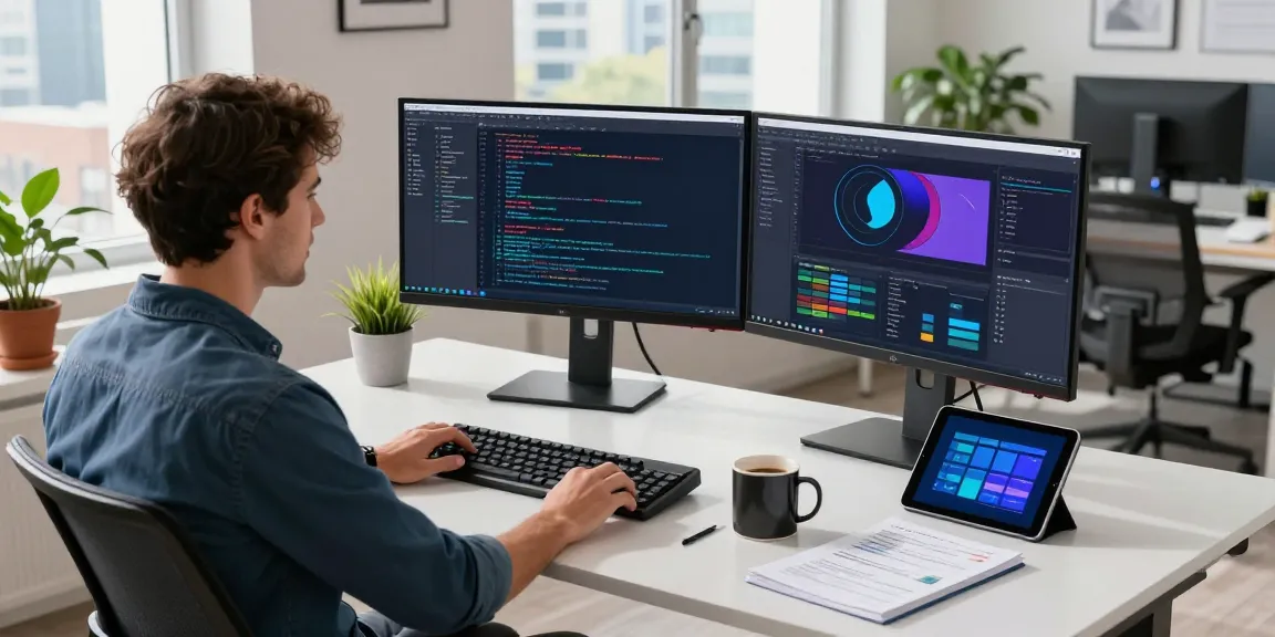 快连 in a high-tech workspace showing a developer coding with vibrant monitors and a modern office setup