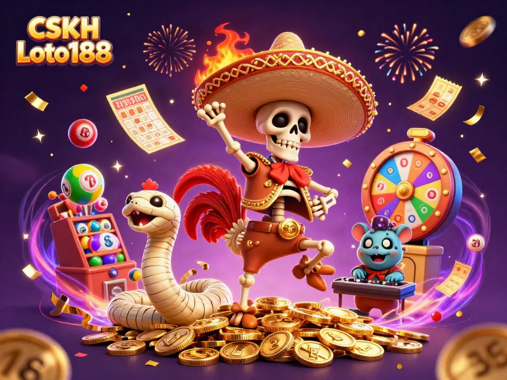 Unleash the excitement of CSKH Loto188 with vibrant characters dancing over a treasure of lottery riches.