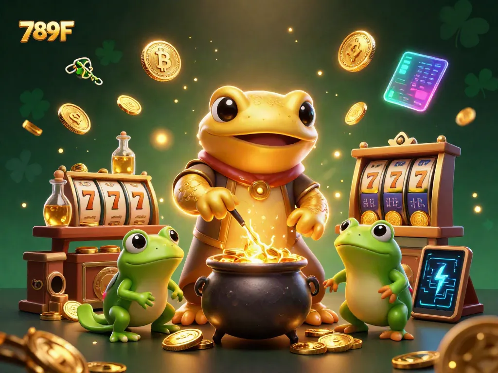 Experience the enchanting world of 789F slots with an alchemist and magical creatures creating gold coins amidst vibrant gaming elements.