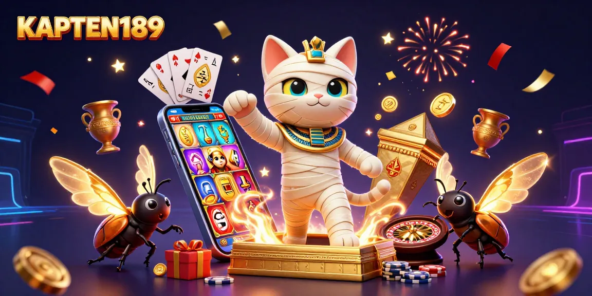 KAPTEN189 menghadirkan ilustrasi kasino yang menarik dengan karakter kucing mummy dan skarab, mendemonstrasikan keberuntungan dalam permainan slot.
