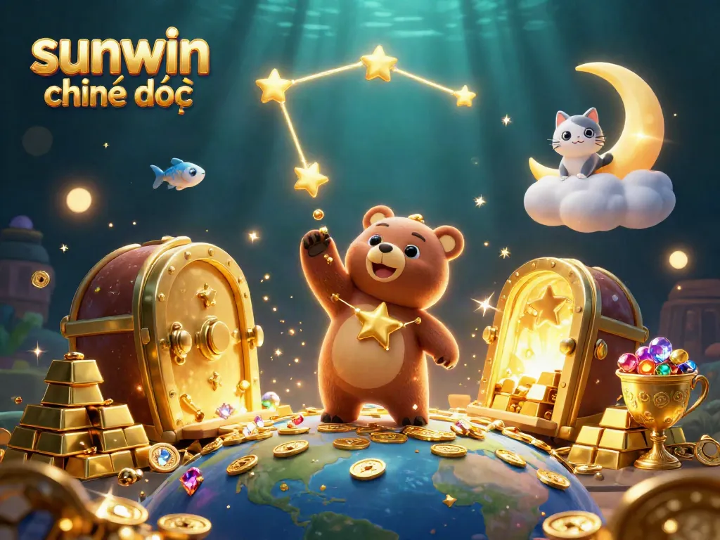 Engage with sunwin chính thức in a vibrant, dynamic casino world filled with cartoon characters and treasure.