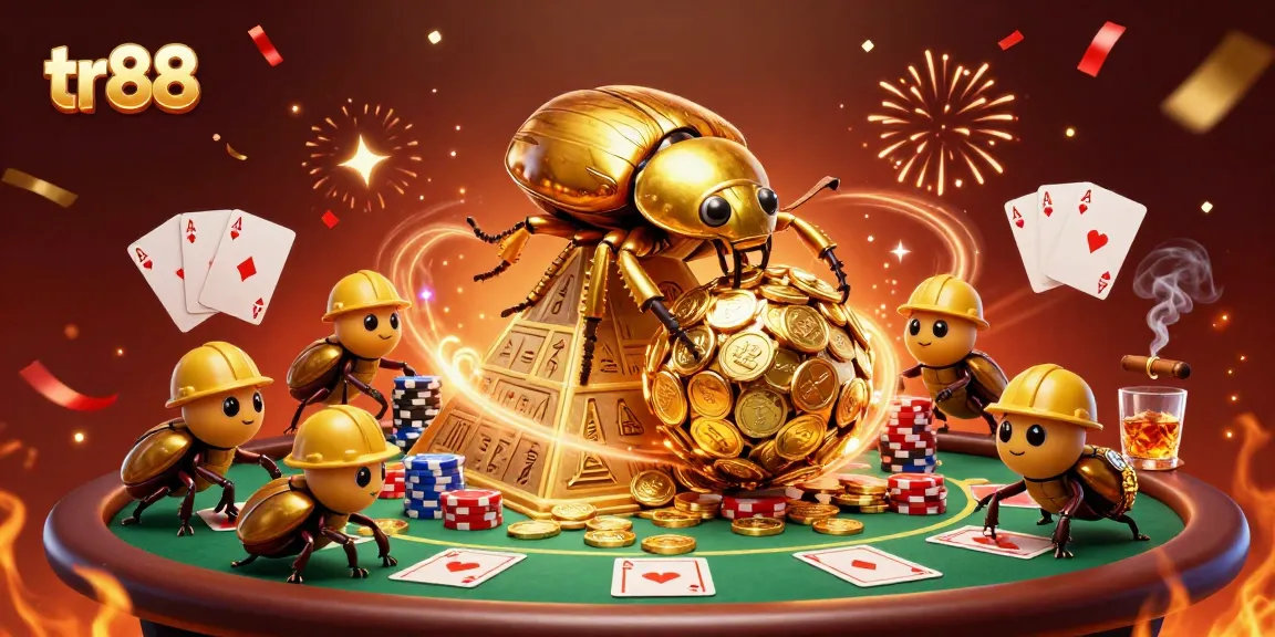 Experience the excitement of tr88 with a vibrant 3D illustration of golden beetles in a casino scene.