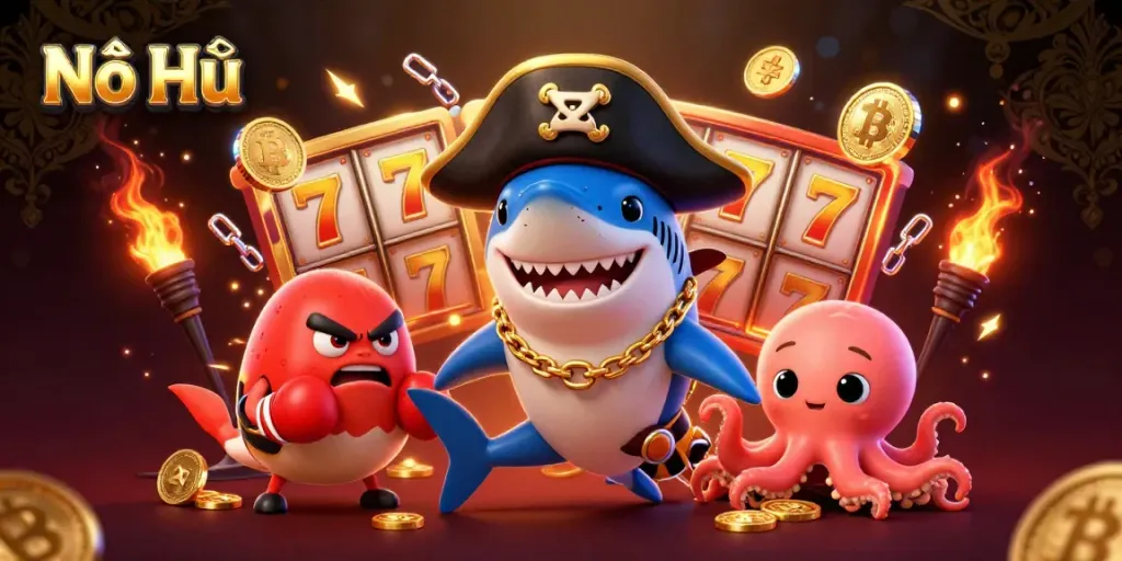 Nổ Hũ showcases a dynamic scene with a pirate shark, boxing pufferfish, and octopus surrounded by jackpot symbols and crypto coins.
