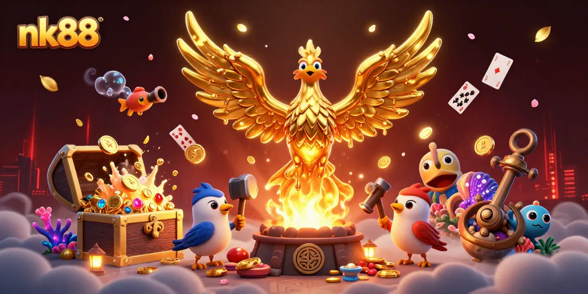 Experience thrilling nk88 gaming with golden phoenix amidst treasures and vibrant casino elements.