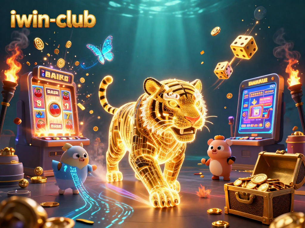 Engage with the electrifying iwin-club casino experience featuring a golden tiger in a dynamic slot scene.