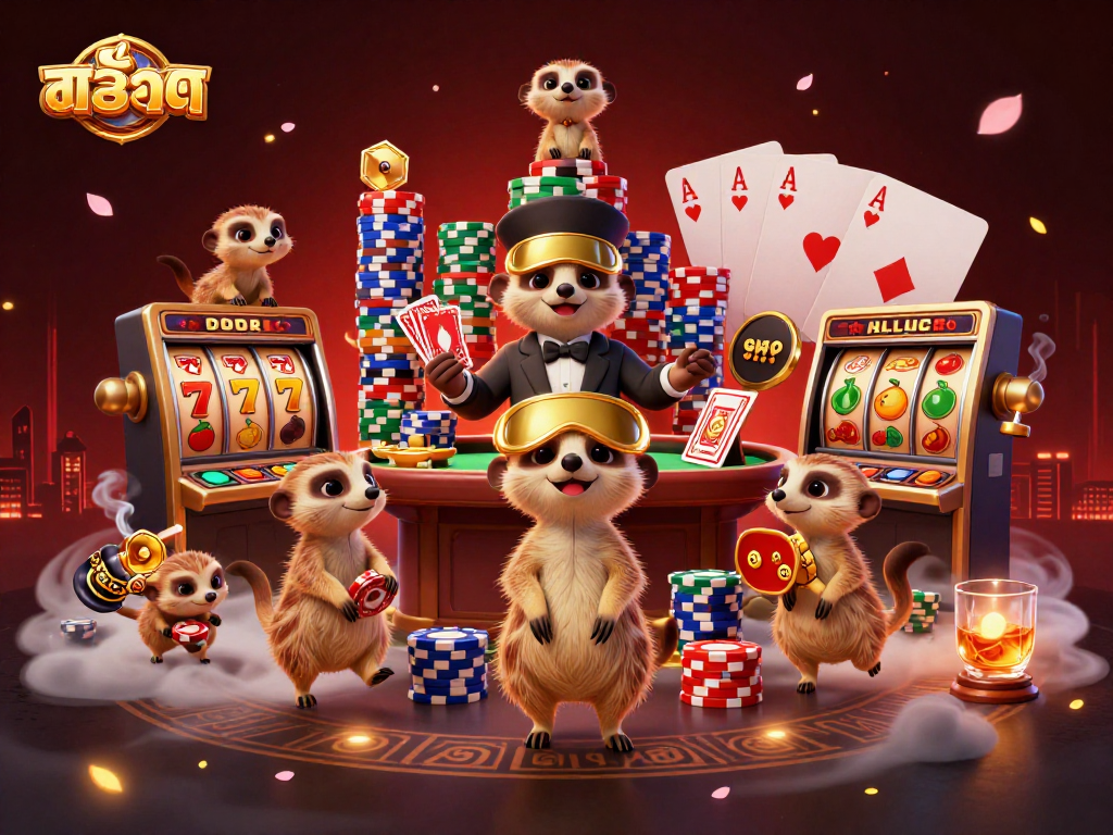 Experience the thrill of สล็อต with meerkats running a vibrant casino operation in a 3D illustration.