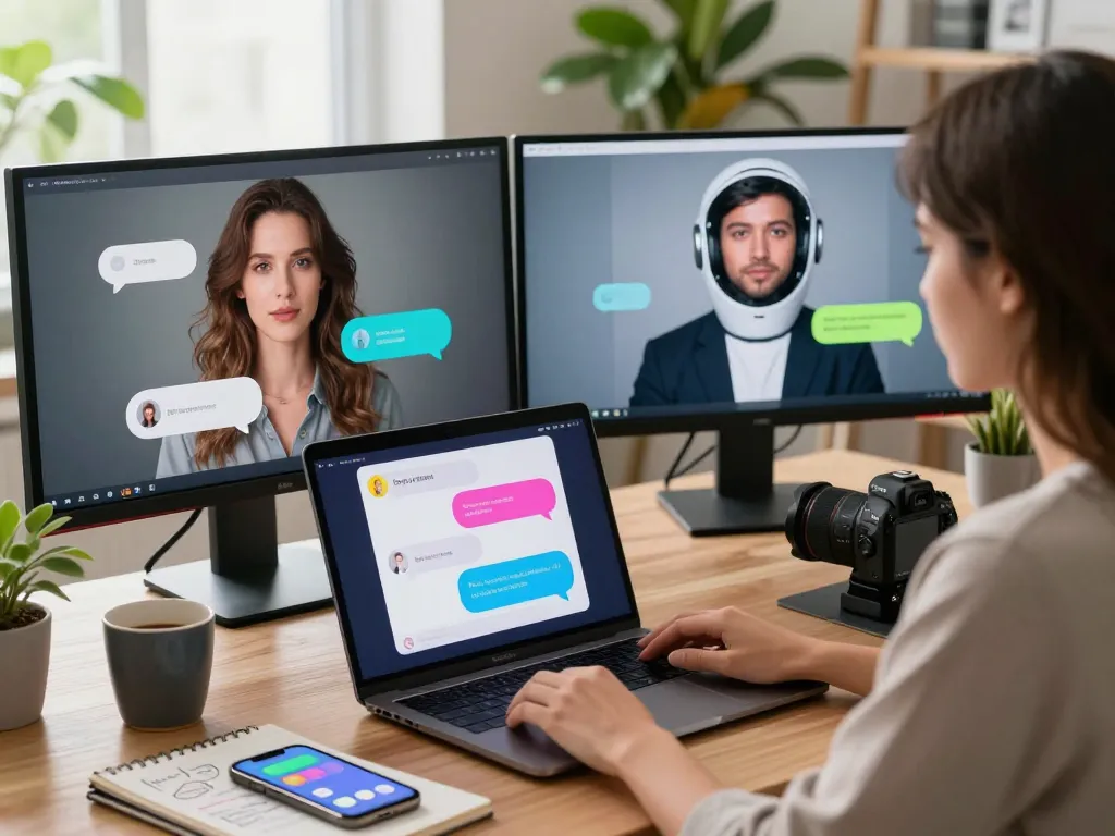 A user exploring interactions with an AI girlfriend in a modern chat interface while working.