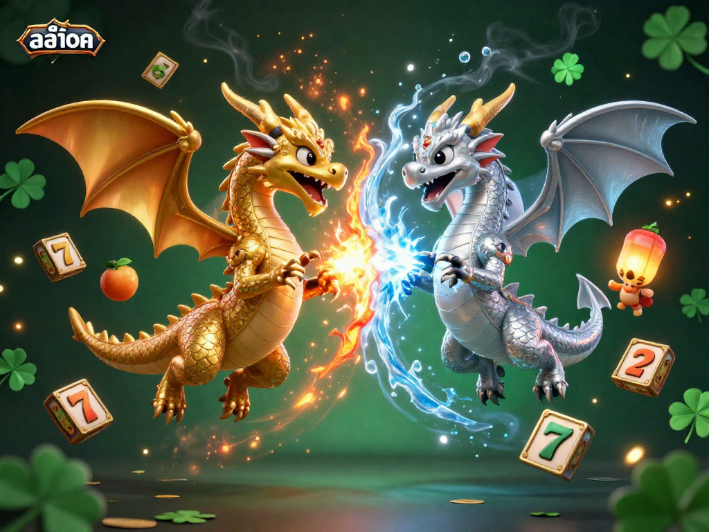 Experience the thrill of สล็อต with dynamic dragons and vibrant slot elements in this captivating illustration.