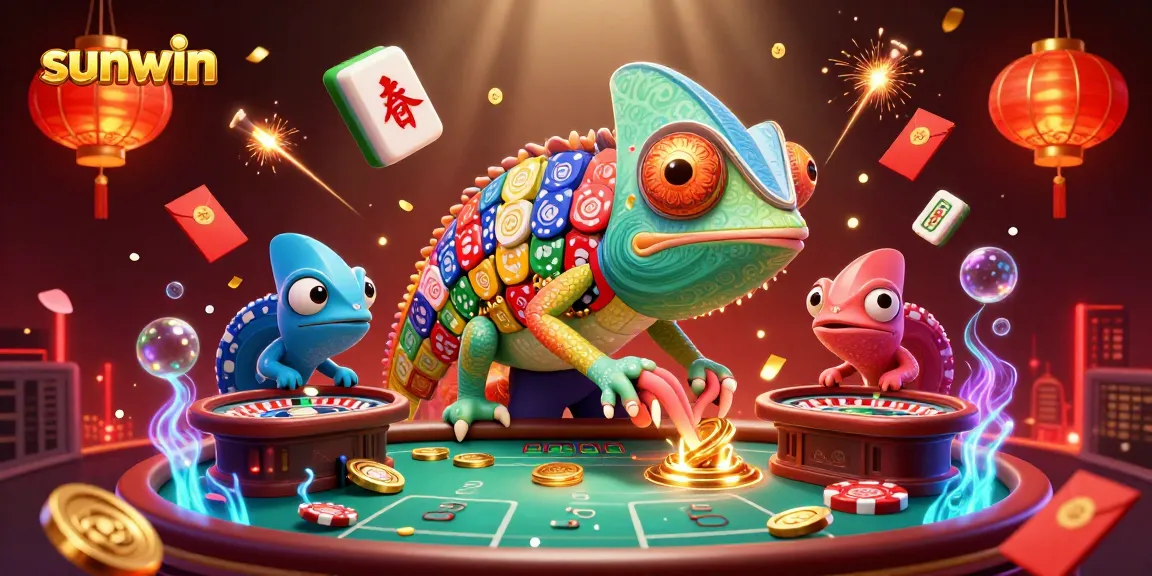 Watch the sunwin chameleon casino owner snap golden coins while overseeing games in a vibrant casino scene.