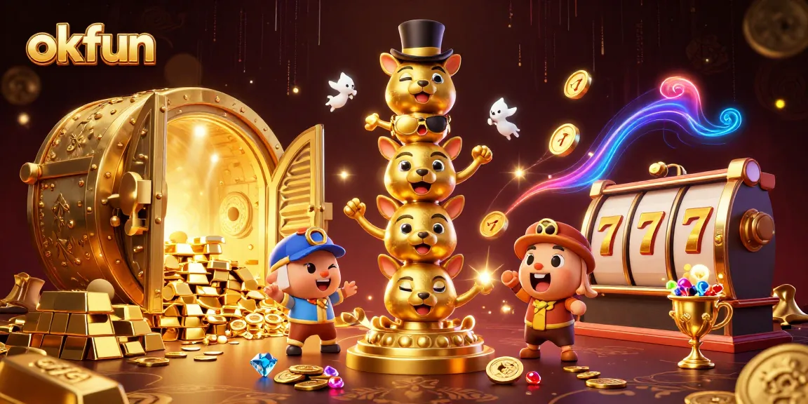 Engage with exciting slot games at okfun, featuring a dynamic casino scene packed with gold and jewels.