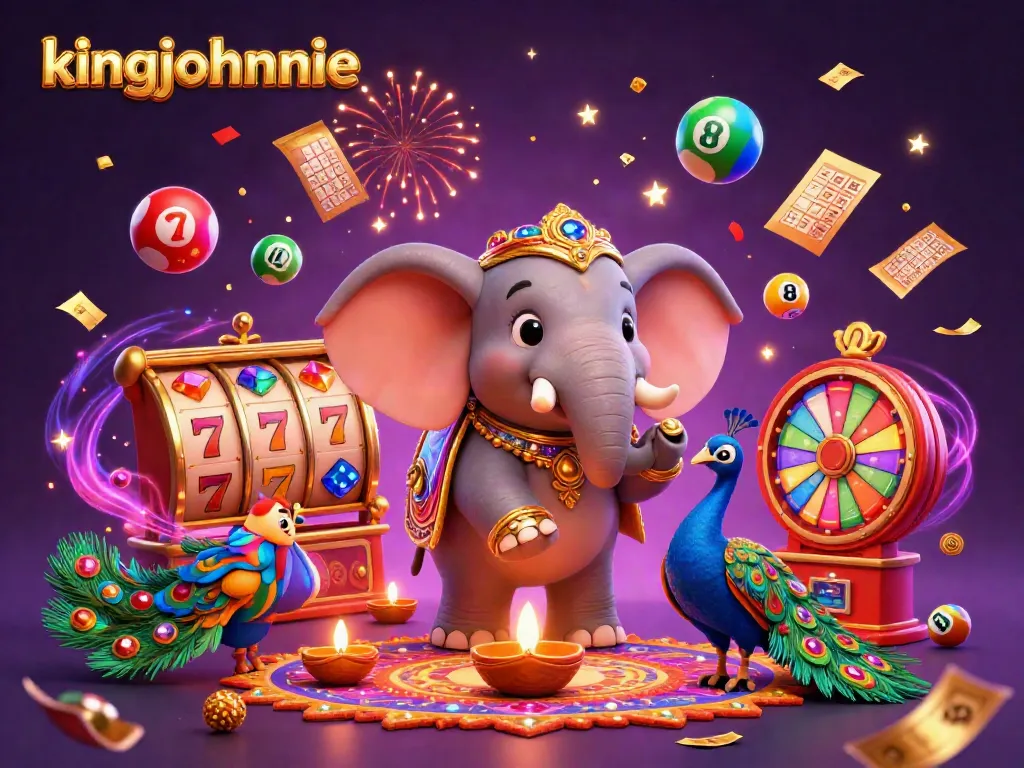 Experience the excitement of blackjack at kingjohnnie with vibrant casino elements in a festive 3D scene.