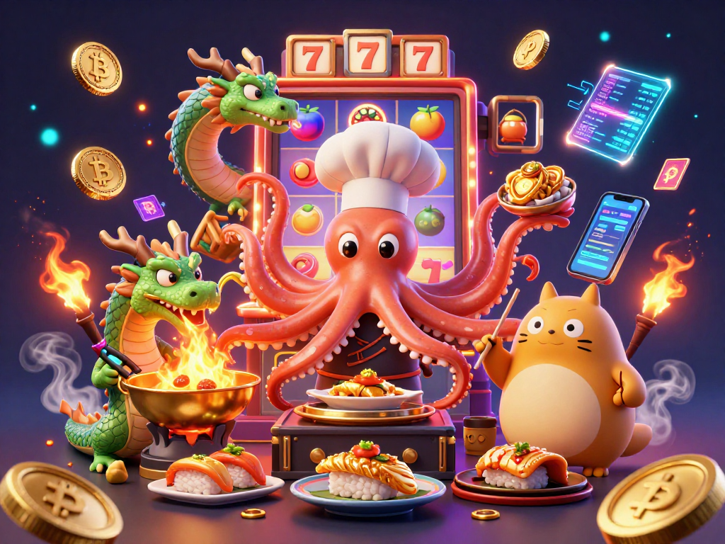 Engage with manclub's vibrant casino experience featuring a dynamic scene with an octopus chef, dragon, and tanuki amidst glowing crypto elements.