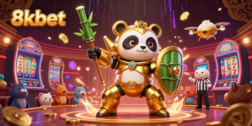 Engage with 8kbet's vibrant casino scene featuring a golden panda piloting a mech-suit, showcasing lively slot machines and neon casino elements.