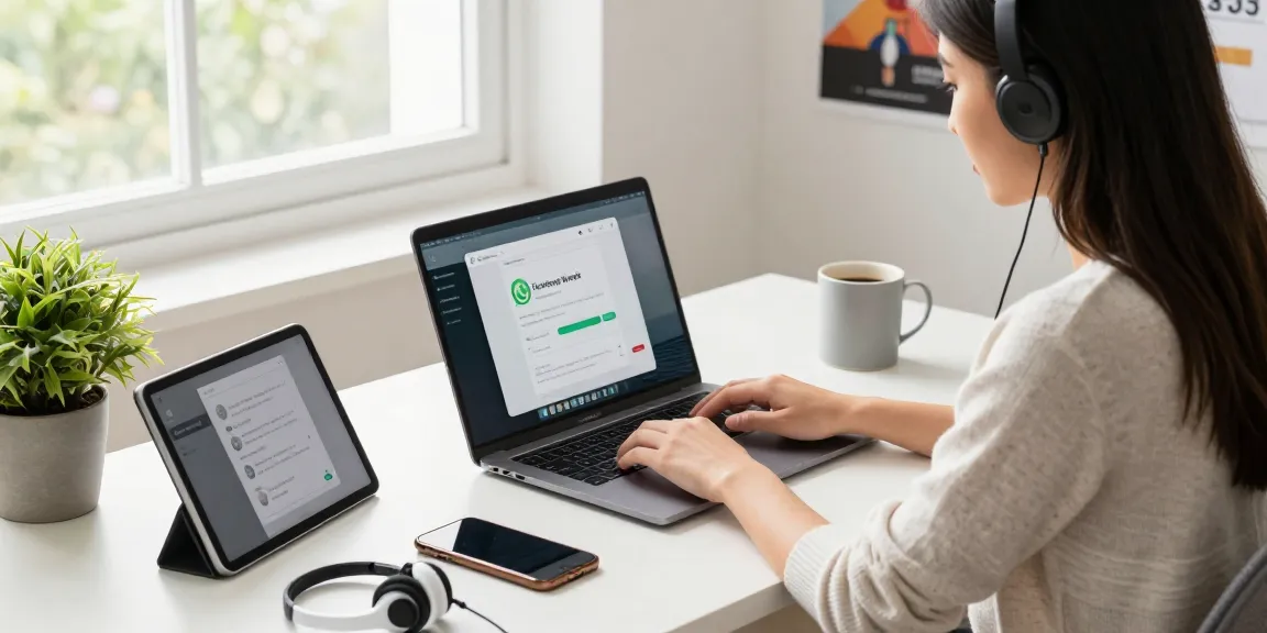 Using WhatsApp網頁版 on a laptop in a modern home office environment.