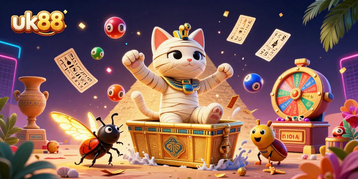 Engage in thrilling gameplay with uk88, featuring an Egyptian mummy and lottery elements in a vibrant casino scene.
