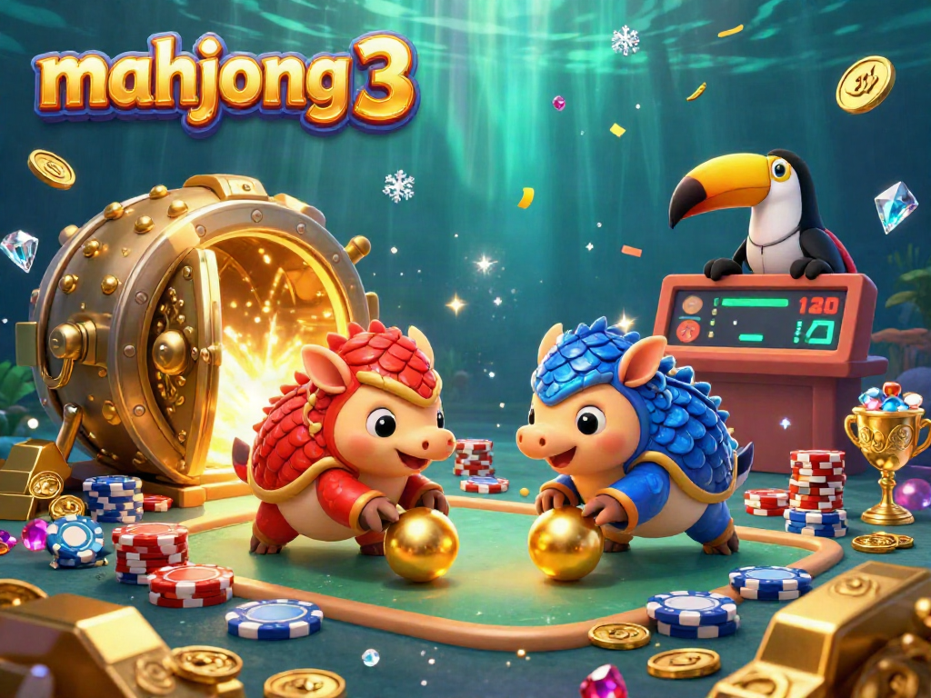 Join the excitement of mahjong 3 with vibrant pangolin rivals bowling through poker chips in this thrilling illustration.