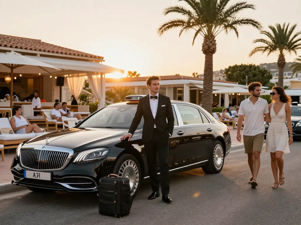 Service de taxi Saint Tropez avec un conducteur élégant et une berline haut de gamme dans un club de plage au coucher du soleil.