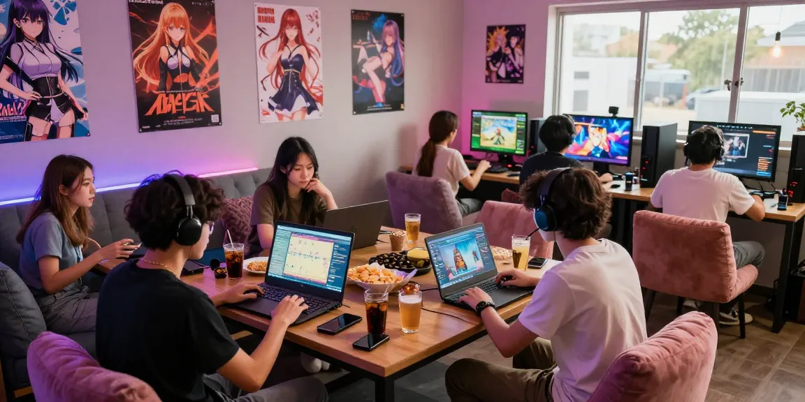 Gamers enjoying free hentai games in a cozy lounge with vibrant atmosphere.