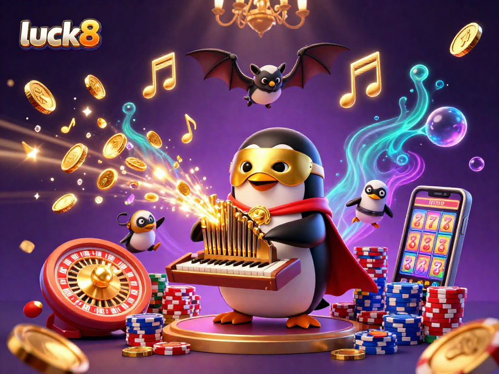 Play with luck8 as the phantom opera penguin brings a wealth of coins in a vibrant casino scene.