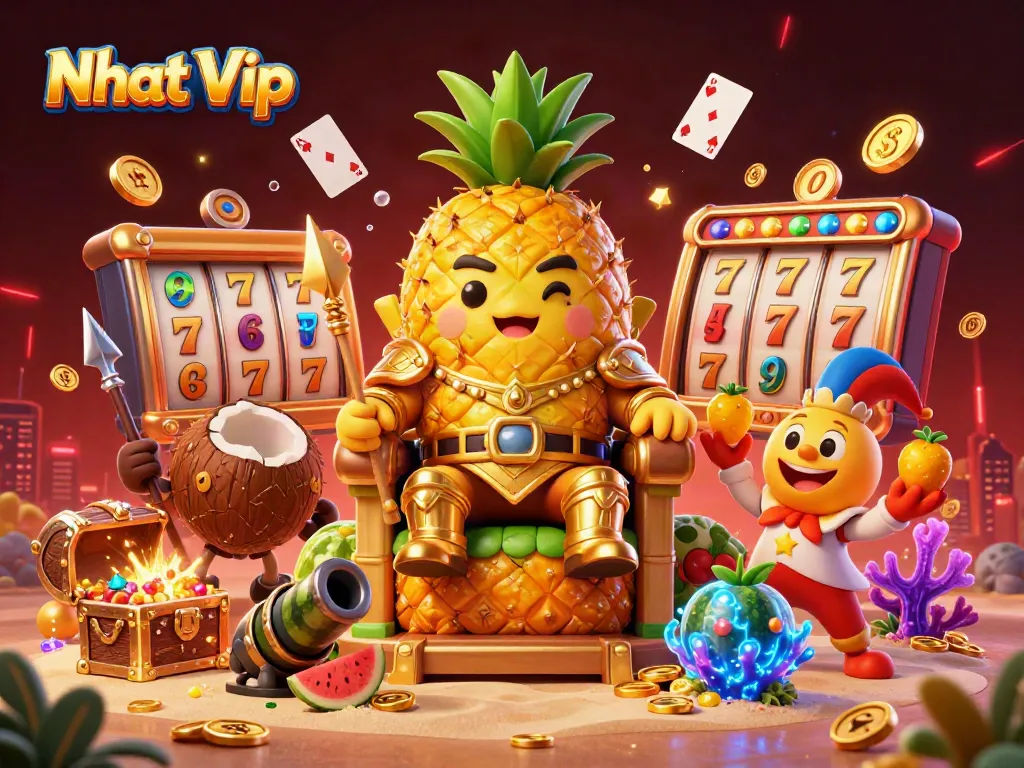 Nhat Vip slots scene featuring a golden pineapple king with casino elements.