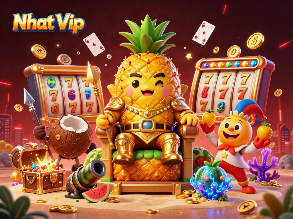 Nhat Vip slots scene featuring a golden pineapple king with casino elements.
